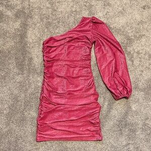 One-Shoulder Ruched Sparkle Mini Dress in Fuchsia Pink
